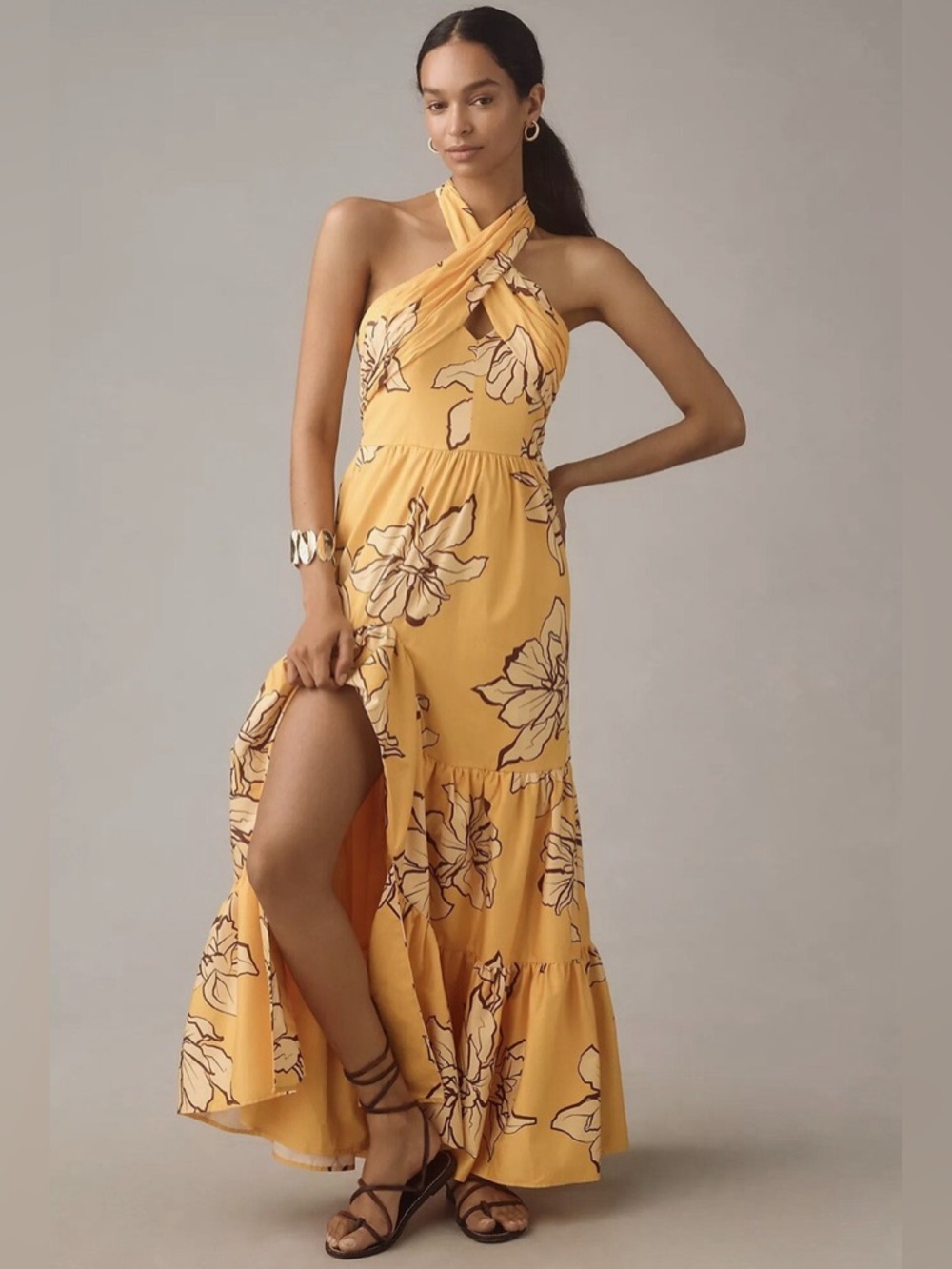 HUTCH Floral Halter Maxi Dress Maize Yellow Adjustable Neck Ruffle Slit 6 NEW